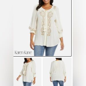 NWT KAREN KANE Plus Floral Embroidered Tassels Button‎ Front Peasant Blouse Top